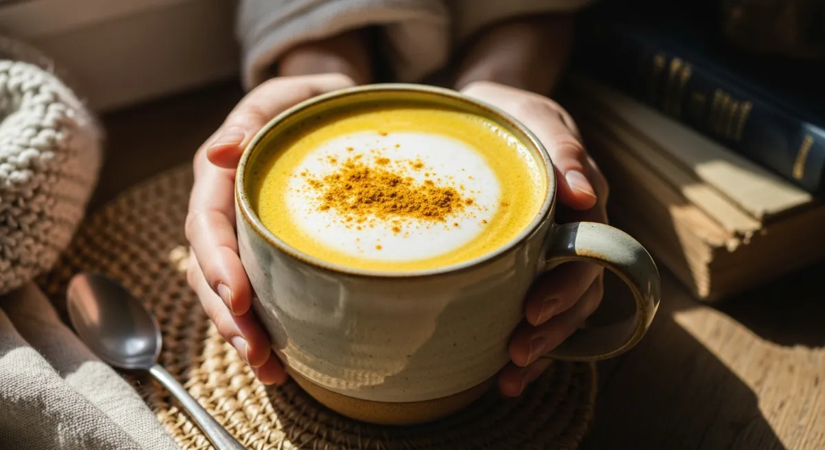 Racines de curcuma fraîches et poudre de curcuma dans un bol en bois sur fond de tissu ocre