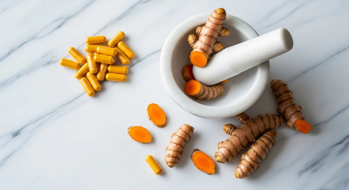 Tasse de golden milk au curcuma avec cannelle et poivre noir posée sur une table en bois naturel