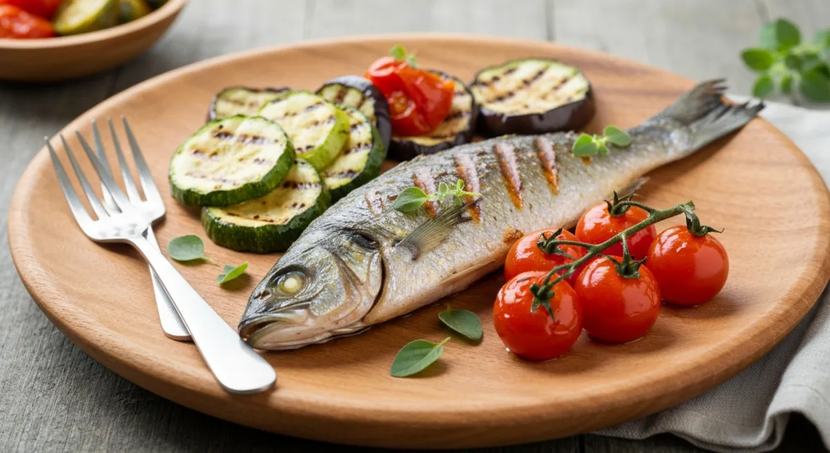 Assiette de régime méditerranéen riche en acides gras oméga avec poisson grillé, légumes et huile d'olive