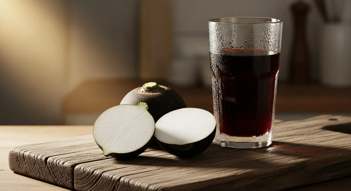 Radis noir coupé en deux sur une planche en bois, accompagné d'un verre de jus de radis noir