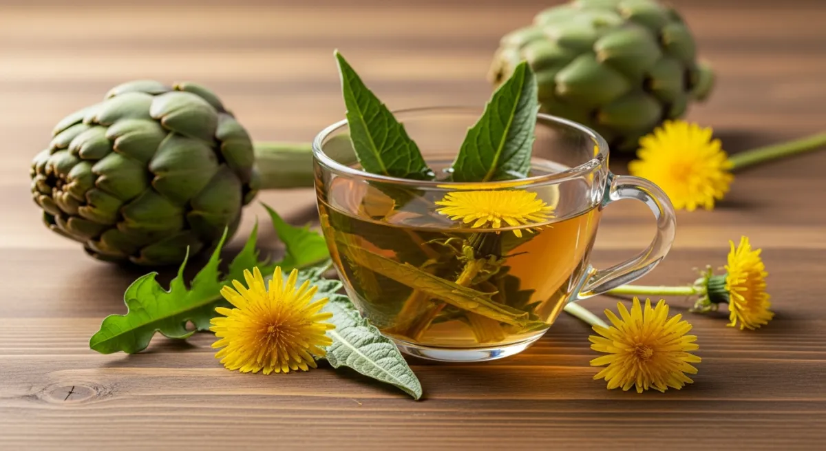 Infusion de feuilles d'artichaut et fleurs de pissenlit dans une tasse en verre sur une table en bois