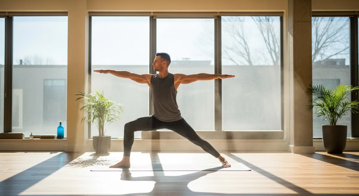 Femme en posture Guerrier II sur un tapis de yoga dans un salon lumineux, bras ouverts, regard concentré