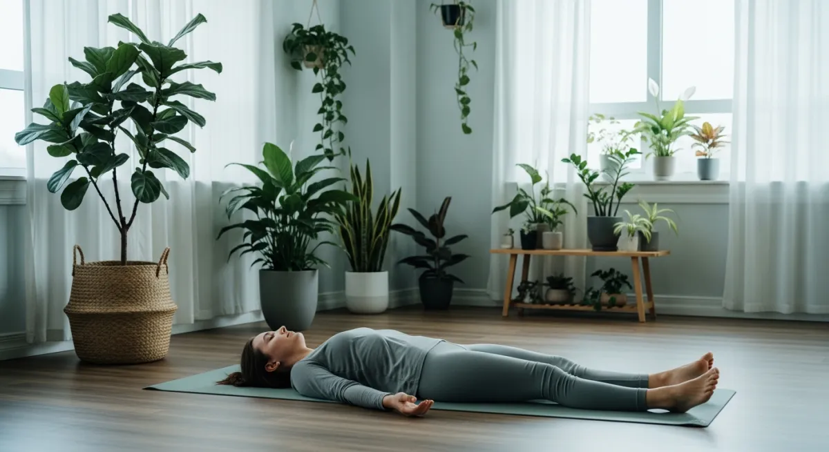 Personne allongée en Savasana sur un tapis de yoga dans une pièce calme, éclairage doux et naturel